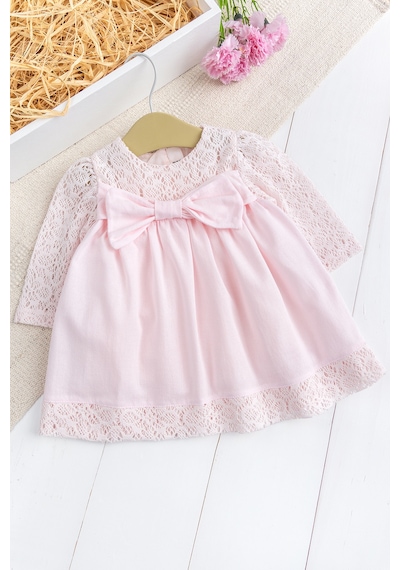 Babymod Fiyonklu Dantelli Kız Bebek Elbise Pembe Şık Doğum Günü Özel Gün Bebek Elbise Pembe