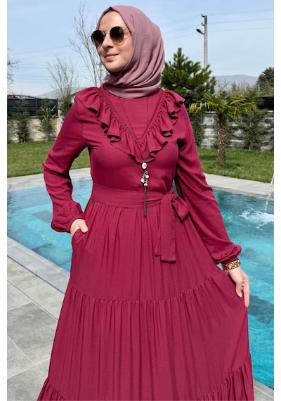 Rabia Şamlı Jale Elbise Bordo Normal