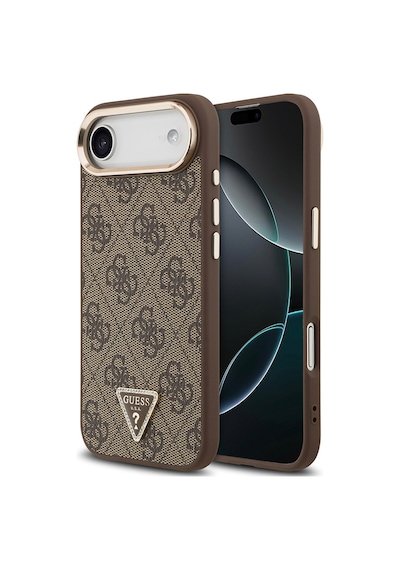 Apple Uyumlu iPhone 17 Air Kılıf Guess Lisanslı M-safe Şarjlı Gold Metal Kamera Çerçeveli Taşlı Üçgen Logo Kahve