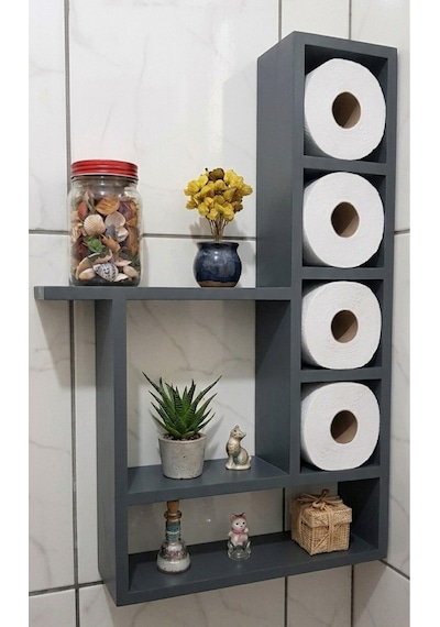 100x60 Cm Dev Boy Masif Ham Ahşap Banyo Rafı - 6 Geniş Bölmeli Tuvalet Kağıtlığı Ve Düzenleyici Gri