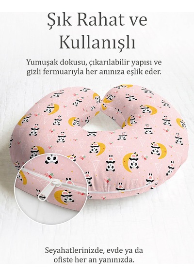 Panda Figürlü Pamuklu Boyun Yastığı - Sevimli Pastel Pembe Sarı Çocuk & Yetişkin Seyahat Yastığı Soluk Okyanus Koyu Gri