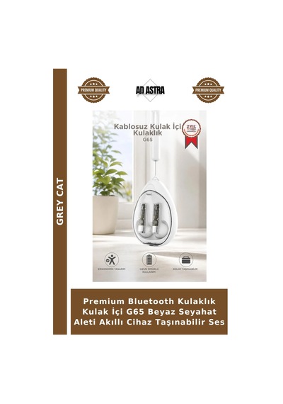 Premium Bluetooth Kulaklık Kulak İçi G65 Beyaz Seyahat Aleti Akıllı Cihaz Taşınabilir Ses