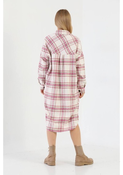 Polologin Butik Kışlık Oduncu Kumaş Uzun Gömlek Elbise Pembe