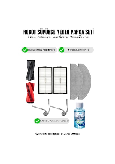 Roborock Saros 20 Sonic İle Uyumlu 1 Ana Fırça 2 Yan Fırça 2 Filtre 2 Mop 1 Deterjan 3.0