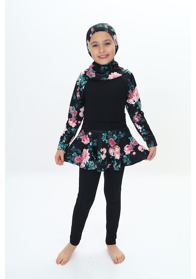 My Kids Wear Üç Parça Kız Çocuk Haşema, Tesettür, Etekli, Kapalı Mayo Mercan - Pembe
