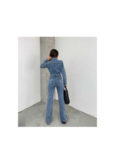 Kene Jeans Uzun Ceketli Taş Yıkama İspanyol Paça/flare Esnek Denim Tulum Taş