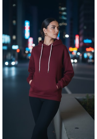 Bordo Şardonlu Kapüşonlu Sweatshirt Bordo