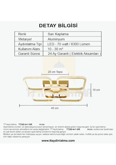 Tt302-4+1-sr Kare Tt Ayd Beyaz Işık Sarı Kaplama Led Avize SARI