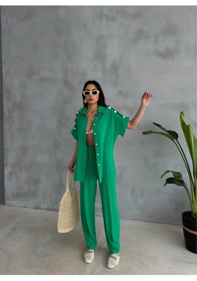 Efnaz Style Omuz Midye Sıralı Bluz - Paça Pensli Pantolon Takım - Yeşil