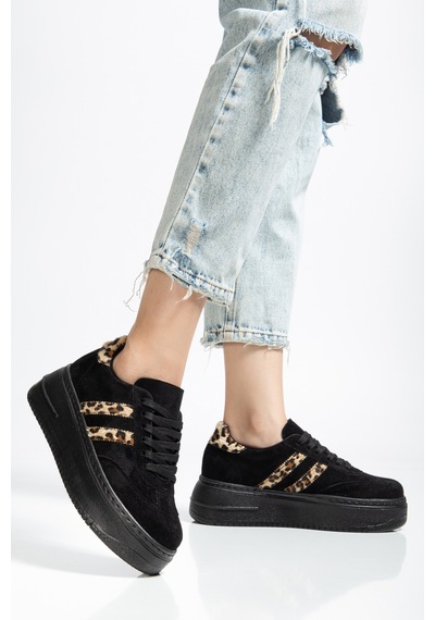 Bahrina Kadın Kalın Tabanlı Sneaker Siyah Süet Leopar