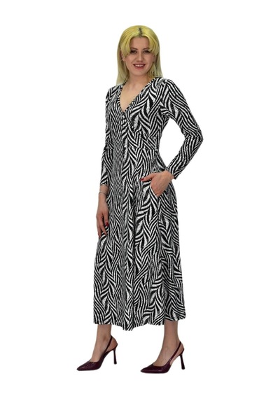 Kadın Viskon Zebra Desenli V Yaka Elbise Bgl-st03535 001