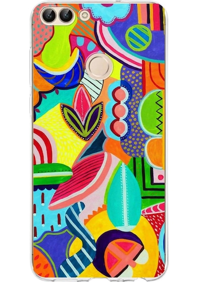 Huawei P Smart 2018 İle Uyumlu 1mm Slim Fit Retro Renkler 6 Baskılı Şeffaf Kılıf Şeffaf