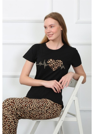 Akbeniz Kadın Penye Kısa Kol Pijama Takım 4128 - L Siyah