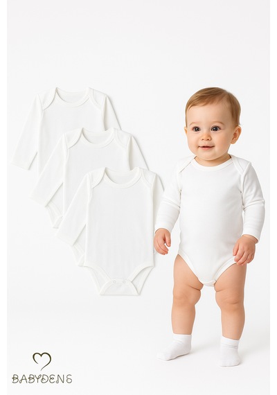 Babyden's 3'lü Set Uzun Kollu Beyaz Bebek Zıbın %100 Pamuk 0-3 Ay - 12 Ay Unisex Çıtçıtlı Body Beyaz