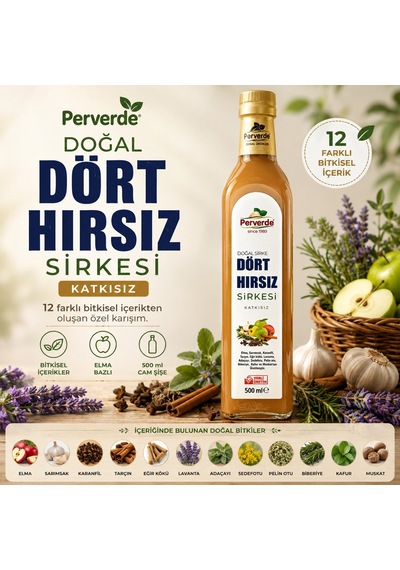 Perverde Dört H ırsız Sirkesi 500 ml – 12 Bitkisel İçerikli Katkısız Özel Karışım Sirke