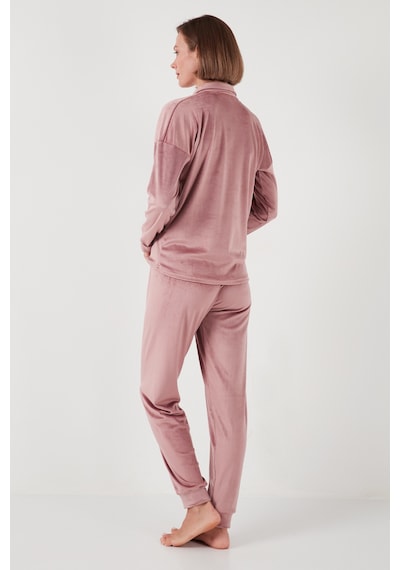 Lela Regular Fit Parlak Kadife Ribanalı Bayan Pijama Takımı 6097110 Pudra