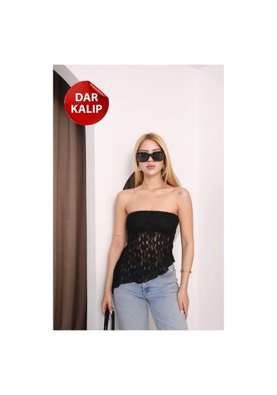 Moda Banuş Straplez Yaka Dantelli Asimetrik Body Siyah Çok Renkli
