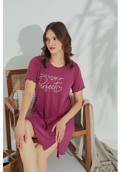 Guava Kadın Bisiklet Yaka Viskon Yırtmaç Detaylı Mini Gecelik Elbise - Homewear Fuşya