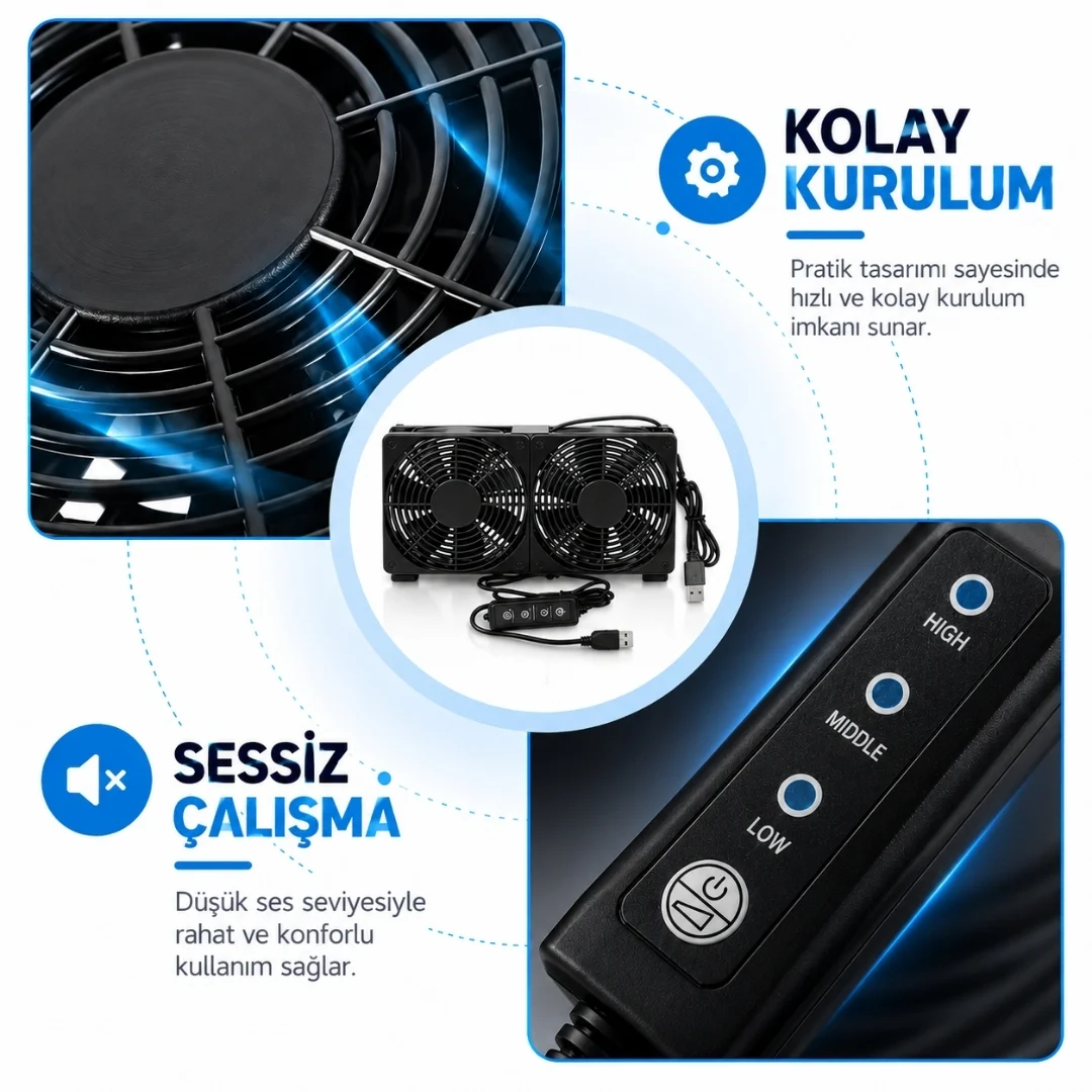 Çift Usb Soğutucu Fan Laptop Modem Konsol Altı 240mm 5v 3 Kademe Hız Ayarlı Aç Kapa Anahtarlı