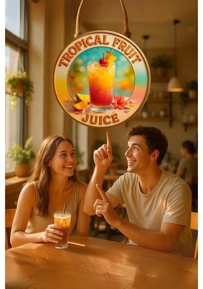 Tropical Fruit Juice Temalı Kapı Süsü Tablosu, Tropikal Meyve Resimli Yazlık Cafe Büfe Duvar Dekoru