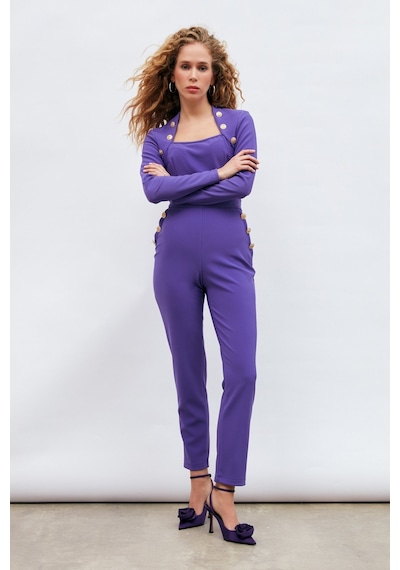 Sateen Düğme Detaylı Pantolon - Mor
