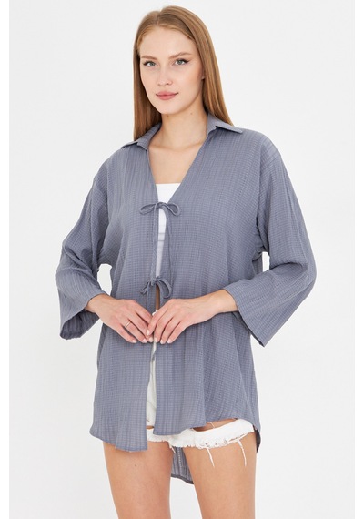 Armonika Kadın Açık Gri Gömlek Yakalı Önden Bağcıklı Kimono Gömlek Arm-25k001006