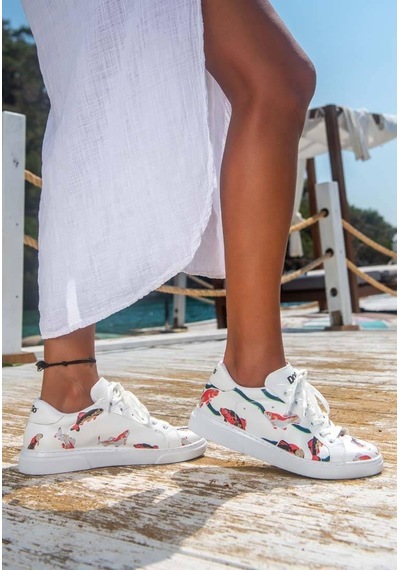 Kadın Vegan Deri Beyaz Sneakers - Koi World Tasarım Çok Renkli