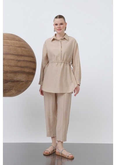 Loreen 20610 Kadın Beli Büzgülü Gizli Patlı Pantolonlu Takım Beige
