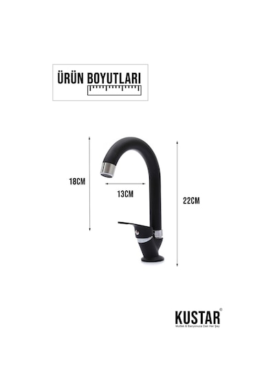 Kustar Tek Su Girişli Mat Siyah Mix Lavabo Bataryası Aç Kapa Musluk
