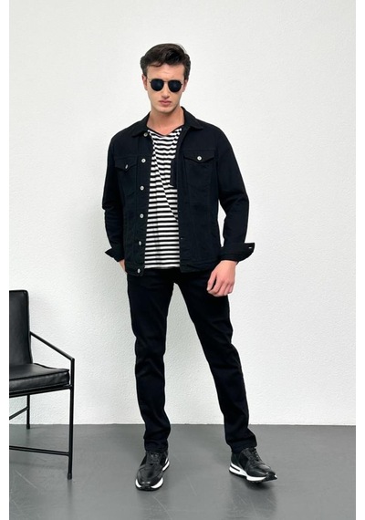 HLT Jeans Erkek Siyah Jean Denim Standart Kalıp %100 Pamuk Cepli Düğmeli Kot Ceket 001