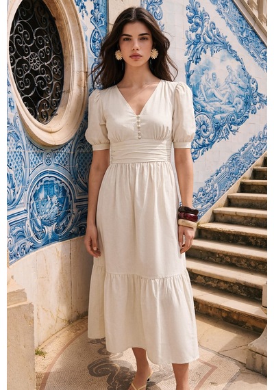Olcay Drape Detaylı Karpuz Kol Pamuklu Elbise Krem 9457-e