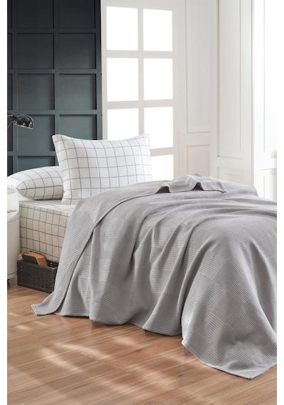 Eponj Home Lastikli Çarşaflı Pike Takımı Tek Kişilik %100 Pamuk 3 Parça Artus Desenli Gri Weave Serisi Gri