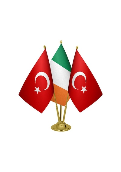 Masa Üstü İrlanda Bayrağı Türk Bayrağı Üçlü Pirinç Direk Masa Bay