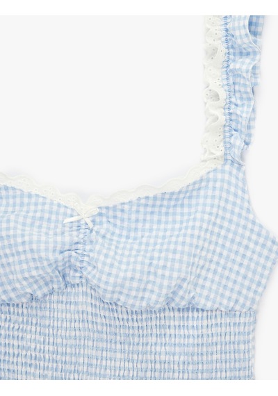 Koton Geniş Yaka Kolsuz Fırfırlı Gipeli Crop Bluz Mavi Ekose 6sal60016ıw