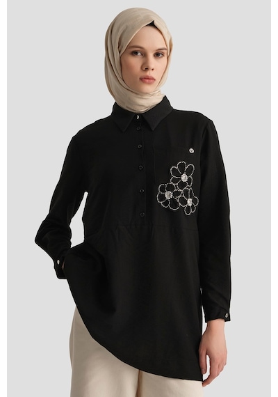 Armine Trend Gömlek Yaka Çiçek Desenli Tunik Siyah 26yt464