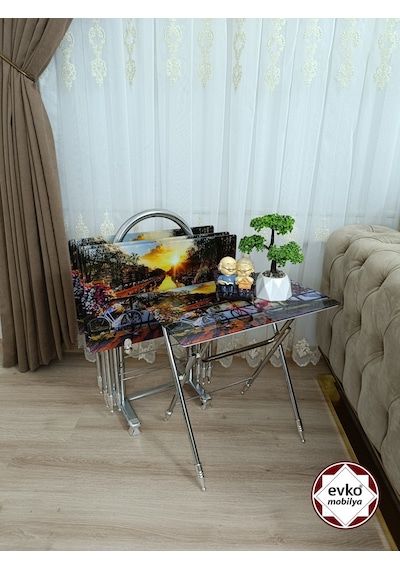Evko Mobilya Çanta Zigon Sehpa 4'lü Sehpa, Zigon Sehpa, Servis Sehpası, Camlı Sehpa, Katlanır Sehpa
