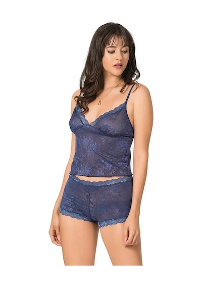 Linabloom Kadın Lacivert Jakarlı Babydoll Şort Takımı