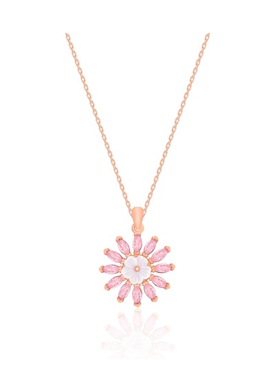 Gümüş Rose Pembe Zirkon Taşlı Manolya Çiçeği Kolye 925 Ayar St203