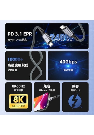 Type C To Type C Usb4.0 240w 40gbps 8k60hz Uzatma Kablosu 1 Metre Lcu