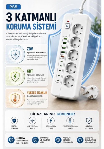 5'li Akım Korumalı Priz 3500w 16a, 4 Usb-a Ve 5 Type-c Çıkışlı, Qc 3.0 20w Hızlı Şarj, 2 Metre Kablolu Çoklu Priz Ps-5 Diğer