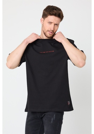 Comeor Erkek Siyah Baskılı Basic Oversize Bisiklet Yaka T Shirt Siyah