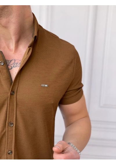 Modefendi Slim Fit Pamuk Örme Polo Yaka Kısa Kollu Gömlek Kahverengi