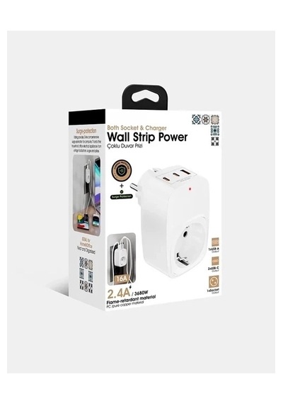 Tekli Yüksek Voltaj Korumalı Duvar Prizi 2x Type-c 1x Usb Çıkışlı Priz Grup Priz Çoğaltıcı Beyaz Normal
