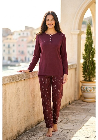 Aura Collections Kadın Pamuklu Uzun Kollu Üç Düğmeli Biyeli Soft Örme Pijama Takımı Bordo