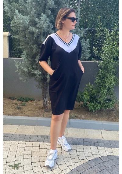 Mia Butik Büyük Beden Lina V Yaka Elbise Siyah