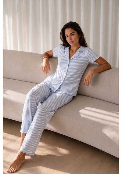 Kadın Loose Uzun Paça Pamuk Mavi Pijama Takımı
