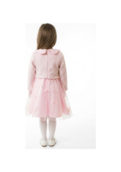 Xo Kids Bebe Yakalı Çiçek İşlemeli Tüllü Fiyonklu Kız Çocuk Elbise 3-8 Yaş 4423 Açık Pembe