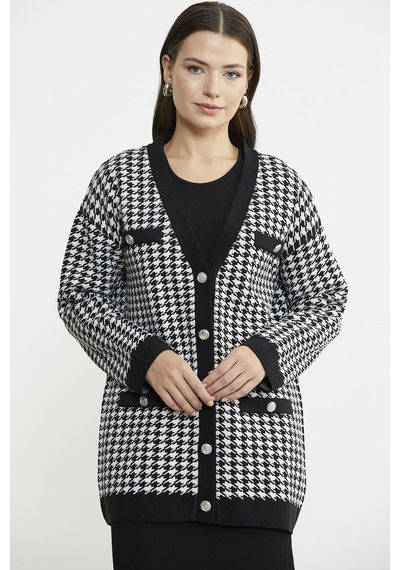 Kazayağı Motif Oversize Triko Ceket - Siyah 001