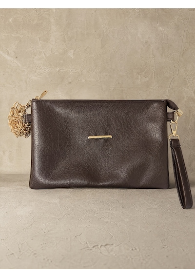 Nealirsanall.com Kadın Zincir Askılı Portföy Çanta - Gold Detaylı Bilek Askılı Clutch Çanta Siyah