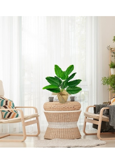 Yapay Çiçek Keten Hasır Saksıda Yeşil Muz Yapraklı 12dal 50cm Salon Çiçeği Yapay Bitki
